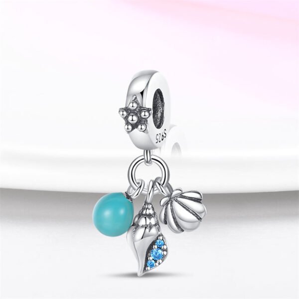Charm pendentif triple escargot, coquillage et perle bleue en argent - lumineux - Korell charms