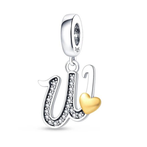 Charm pendentif alphabet lettre italique et cœur doré en argent Lettre W - Korell charms