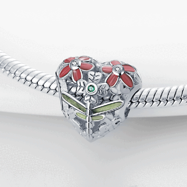 Charm cœur libellule et fleurs rouges en argent - Korell charms