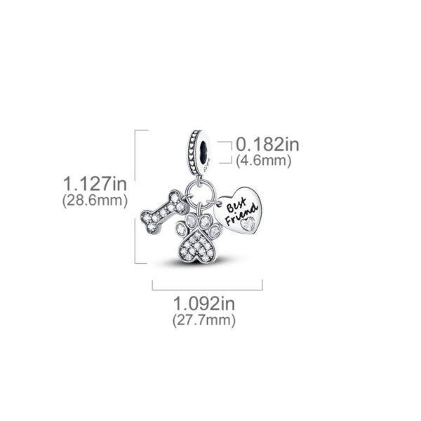 Charm pendentif triple patte de chien et os cristaux en argent - Korell charms