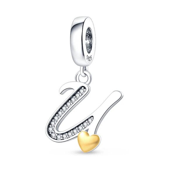 Charm pendentif alphabet lettre italique et cœur doré en argent Lettre U - Korell charms