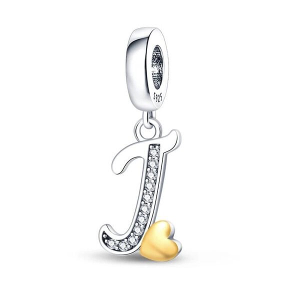 Charm pendentif alphabet lettre italique et cœur doré en argent Lettre J - Korell charms