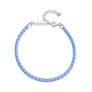 Bracelet Prestige en cuir tressé réglable en argent plaqué platine Bleu et Rose - Korell charms