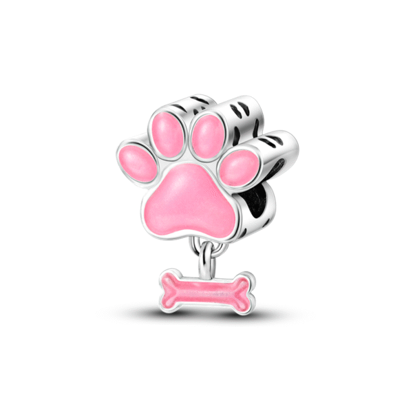 Charm empreinte de patte et os roses en argent - lumineux - Korell Charms