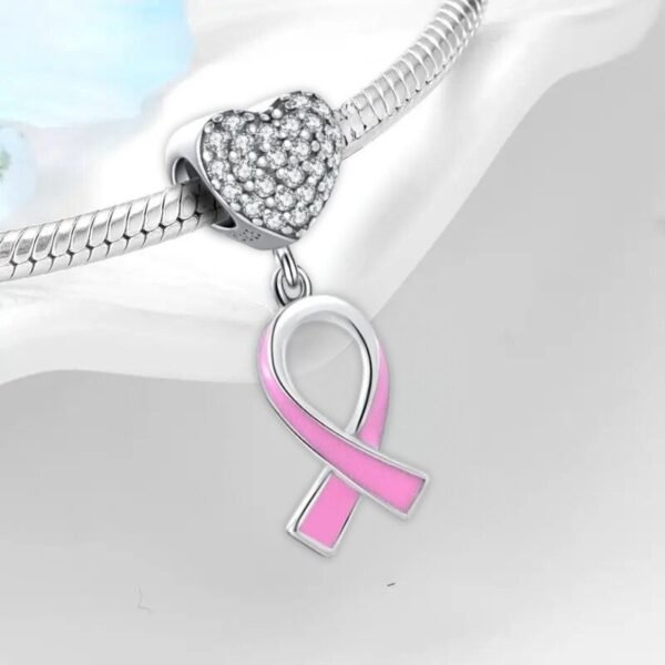 Charm pendentif octobre rose ruban rose et cœur en argent - Korell charms